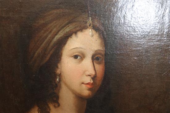 Circle of John Zoffany (1733-1810) Portrait of a lady wearing a bejewelled turban 24 x 20in.